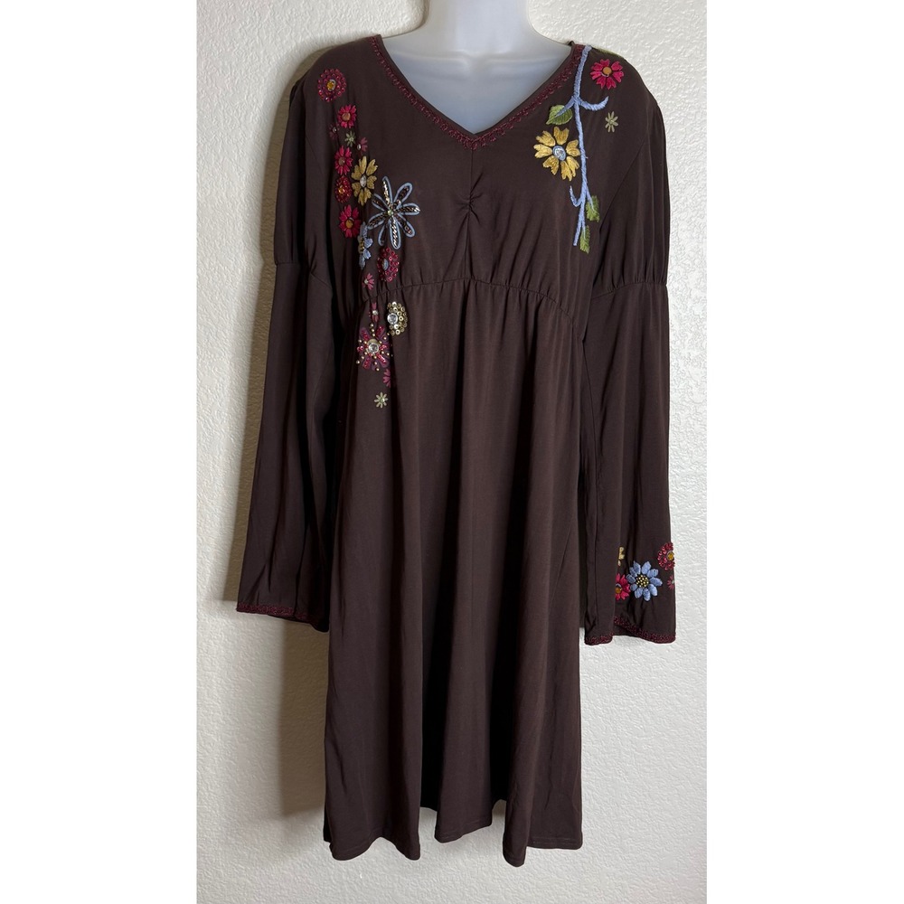 Double D Ranch Womens Medium Dress Brown Floral Embroidered Bell Sleeve Boho